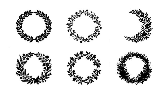 Black Laurel Wreaths, Botanical Circles, Decorative Leaf Frames, Organic Flourishes, Vintage Floral Elements, Vector Set