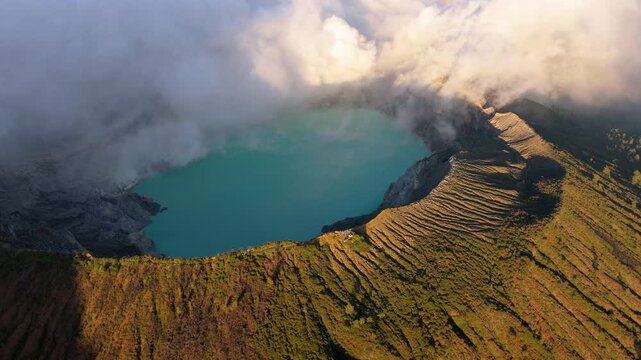 Drone View of Mount Ijen and Turquoise Acid Lake &ndash; Java Island Indonesia