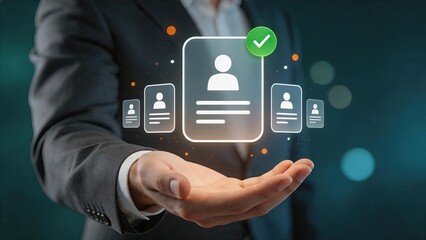 Fototapeta premium Businessman hand holding holographic digital identity card with green checkmark, symbolizing verified user profile and secure online authentication process in modern technology.