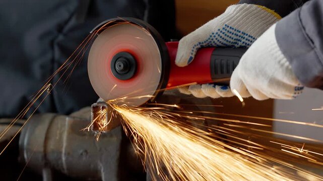 Close-up of a worker in gloves cutting metal with an angle grinder tool in a workshop. Bright sparks flying from the rotating abrasive disc, industrial manufacturing process
