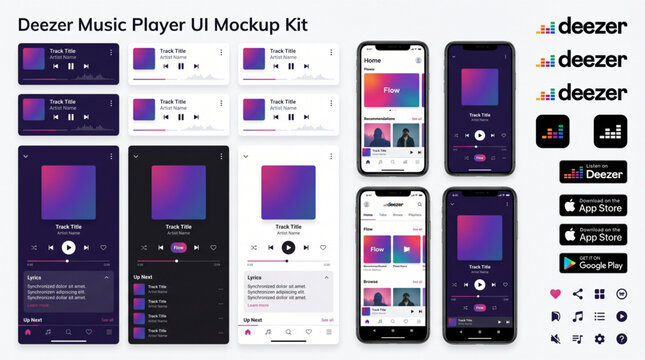 Deezer Music Player UI Mockup Kit and Mobile App Interface with Playback Controls. Streaming Audio Application Template for iOS iPhone. Dark and Light Mode Screens with Lyrics and Flow Playlist UI