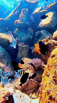 Vibrant Underwater Scene with Diverse Fish Swimming Among Coral Reefs and Rocks