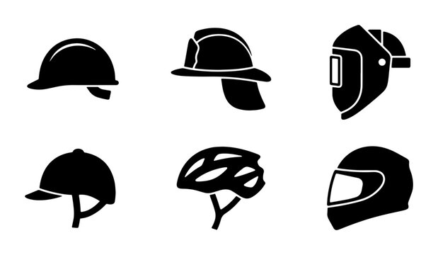 Protective Headwear Collection: Safety Helmets, Hard Hats, Welding Masks, Equestrian Caps, Cycling Gear, Motorcycle Visors. Industrial, Sports, and Safety Equipment Icons.