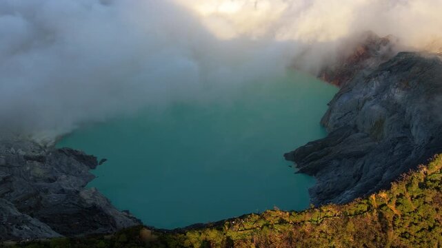 Java Island Indonesia Epic Drone Shot of Mount Ijen Crater Rim and Lake