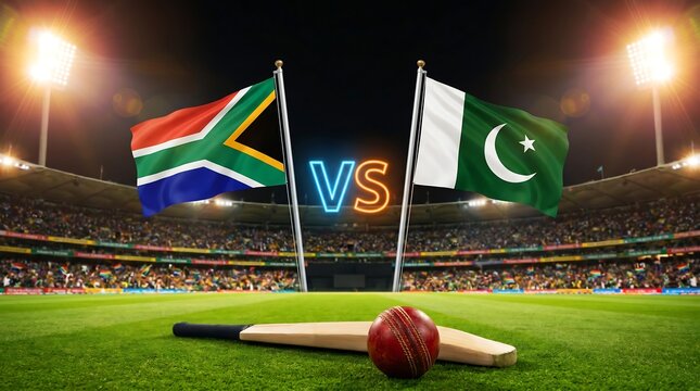 South africa vs pakistan cricket match concept with flags and equipment
