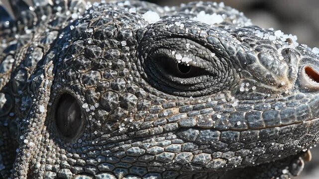 Iguana Blinking Eye with Salt Crystals on Textured Skin