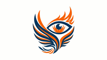Naklejka premium Abstract eye-shaped emblem with fiery orange and blue flames radiating outward in a symmetrical vector illustration.