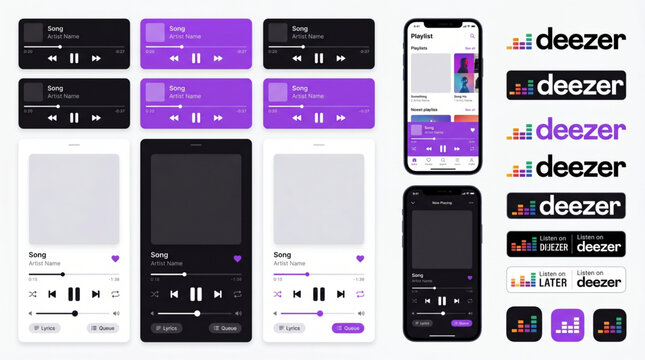 Deezer Music Player UI Mockup with Playlist and Album Cover. Mobile application interface design template for music streaming app. Dark and light mode media player with playback controls and icons.
