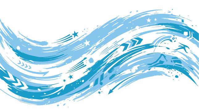 Abstract illustration of swirling blue waves with stars on a white background.