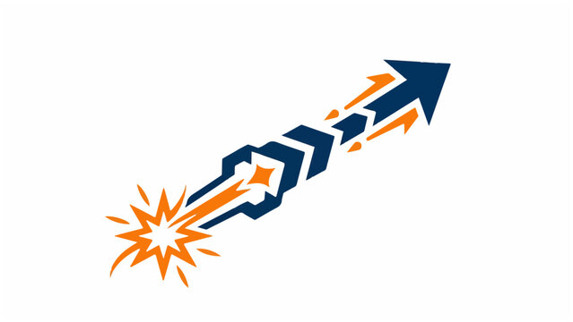 Zigzag blue arrow with orange explosion at the base symbolizing rapid acceleration or dynamic change in direction.