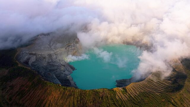 Drone Footage of Mount Ijen Crater Lake and Rocky Terrain &ndash; Java Island Indonesia