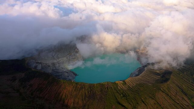 Mount Ijen Turquoise Crater Lake from Above | Drone View Java Island Indonesia