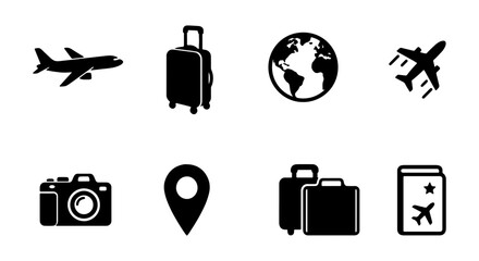 Fototapeta premium Travel Icons Set: Airplane, Luggage, Globe, Camera, Map Pin, Passport, Vector Graphics