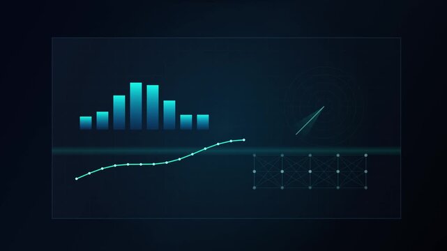 A futuristic graph displays rising trends with a line and bar charts on a screen.