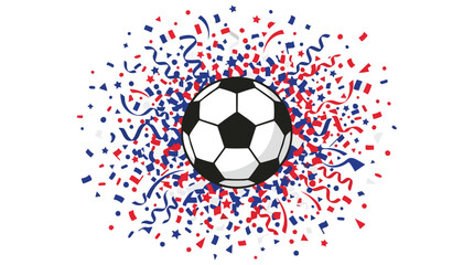 Fototapeta premium A soccer ball surrounded by red, white, and blue confetti on a white background.