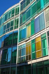 Obraz premium Modern glass office building facade with colorful window panels and strong sunlight reflections