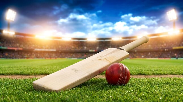Cricket bat and ball on a professional stadium grass field at night