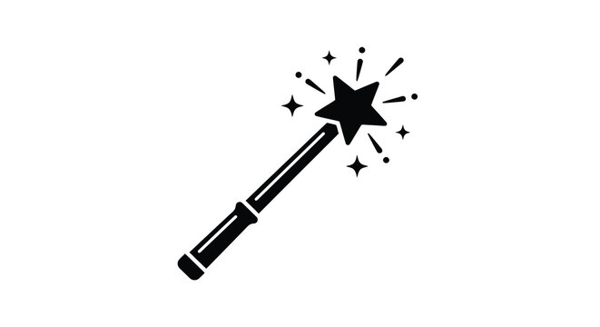 Magic wand with starburst effect a black silhouette against a white background star sparkle glitter wizard sorcerer spell