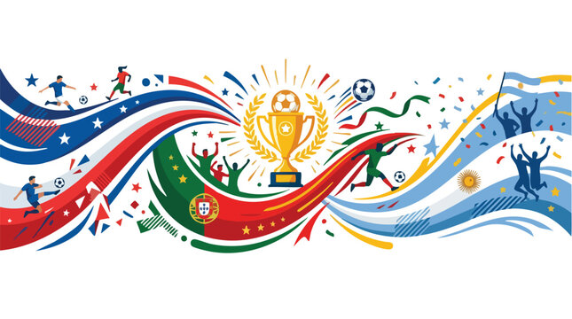 Vibrant graphic illustration of a trophy surrounded by dynamic ribbons and silhouettes of people in action on a white