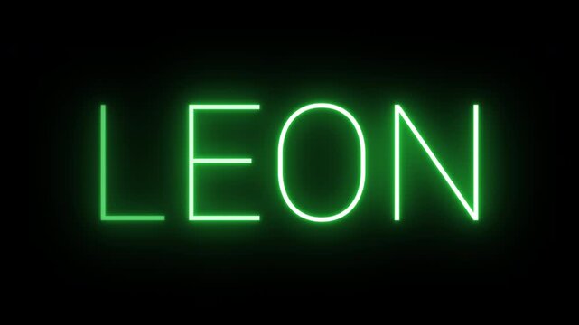 Flickering neon green glowing leon sign animated black background.