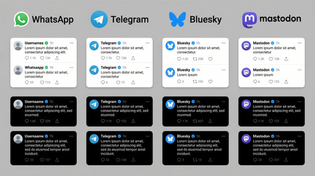 Social Media UI Mockup with WhatsApp Telegram Bluesky and Mastodon Interface. messaging mobile app post comment template in light and dark mode. vector layout for profile feed and text.