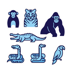 Naklejka premium Set of stylized animal icons in blue color palette.