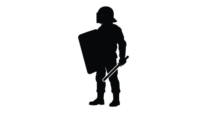 Riot police officer with shield and baton black silhouette security guard enforcement helmet uniform protection conflict protest demonstration