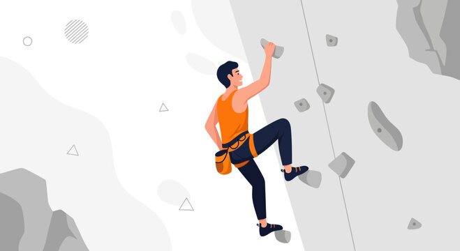 Man climbing a rock wall with colorful holds, vector illustration