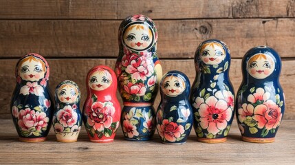 Fototapeta premium Hand-painted Wooden Matryoshka Dolls Stacked Diminishing