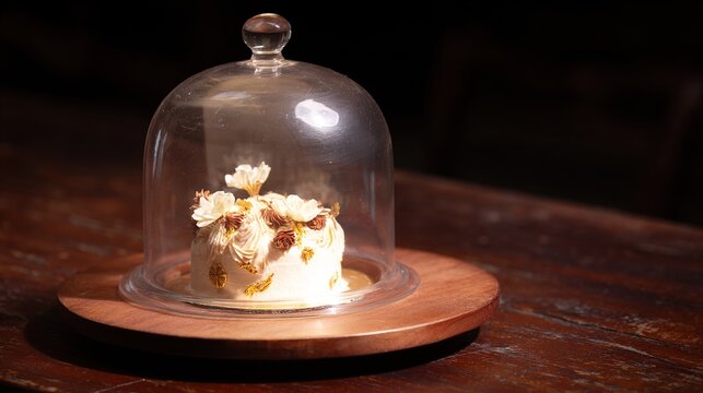 otherwise. Ornate cake under glass dome on empty wooden table, soft overhead light. symbolizing life milestones and joyful moments.