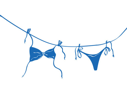Summer bikini hanging on coastal rope. Mediterranean beach doodle element. Blue swimsuit in hand drawn chalk style for sketch, Greek or Italian vacation, travel backgrounds. Coastal isolated vector il