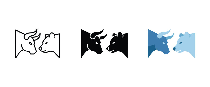 Bull and bear market financial face off icon set for stock trading, vector illustration