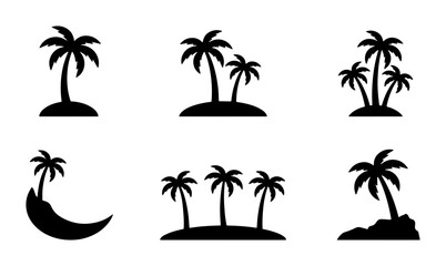 Palm Tree Icons Set, Tropical Island Silhouettes, Vector Graphics for Summer Vacation and Beach Designs © Taslima