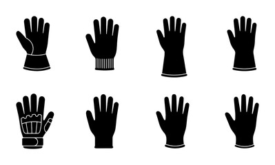 Obraz premium Set of 8 Black Silhouette Icons for Various Gloves, Including Work, Sports, and Medical Gloves
