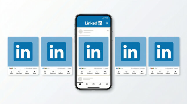 LinkedIn Social Media UI Mockup for Smartphone Mobile App Feed. Professional networking platform interface design with carousel post template, likes, comments, shares, and repost icons. Mockup.
