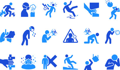 Fototapeta premium Danger hazard and warning signs collection depicting health risks accidents and safety symbols blue icons.