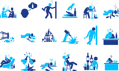 Fototapeta premium Alcohol abuse and intoxication icons, drunk people and spilled drinks.