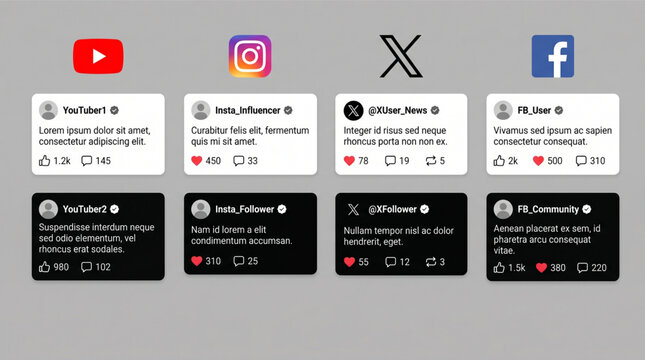 Social media comments UI mockup for YouTube, Instagram, X and Facebook interfaces. Social media post template with light and dark mode design. Comment box layout with heart and like icons vector graph