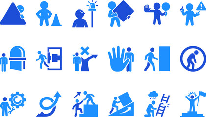 Fototapeta premium Set of blue human icons representing teamwork, challenges, and success in various business scenarios