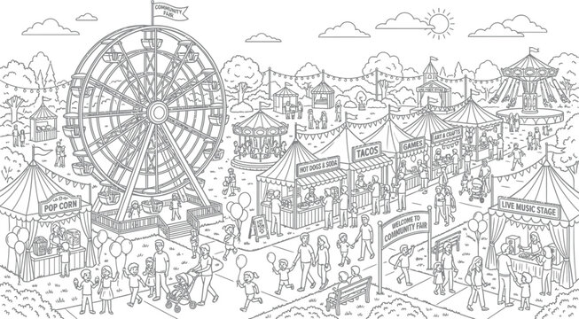 A lively community fair with people walking around, featuring a ferris wheel, live music stage, food stalls, and games