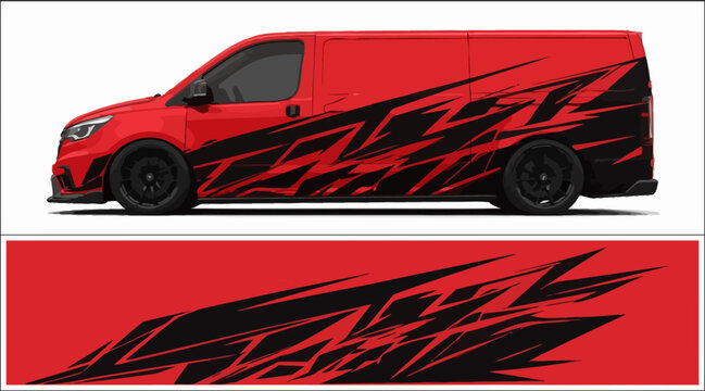 Red van with black flame decals.