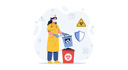 Naklejka premium Nurse Disposing of Biohazard Waste Safely and Responsibly, Healthcare Safety Illustration