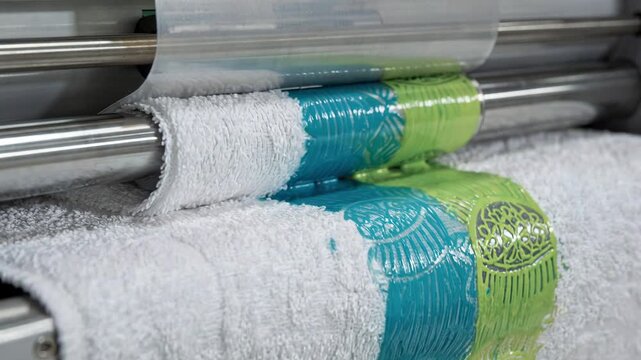 Closeup medium shot showing precise twocolor waterbased ink flexo printing creating intricate designs on absorbent towels with environmentally safe lowVOC inks.