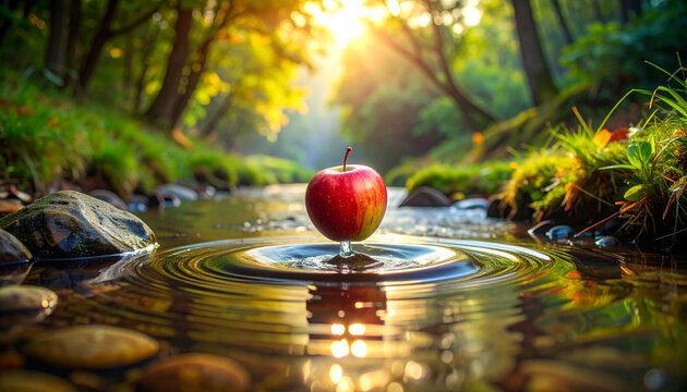 Red Apple Balancing on Water Ripple in Sunny Forest Stream