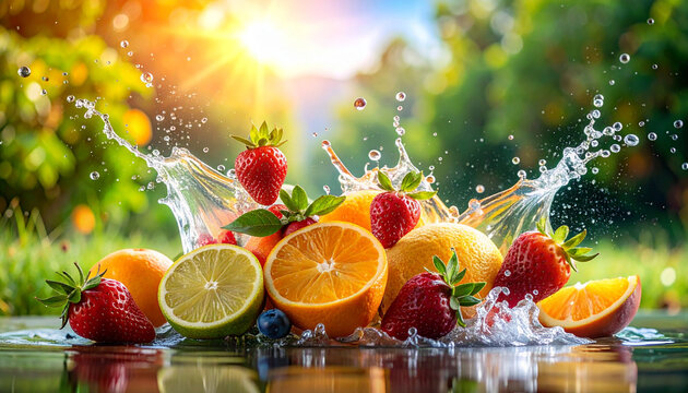 Fresh mixed citrus and strawberries splashing in water with sun