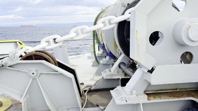ship crew make preparation ropes for mooring at sea,  before the port entry.