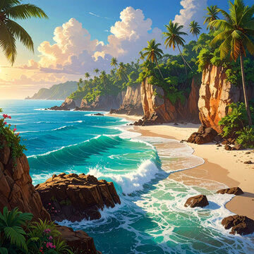 Tropical Beach with Turquoise Waves Rocky Cliffs and Palm Trees