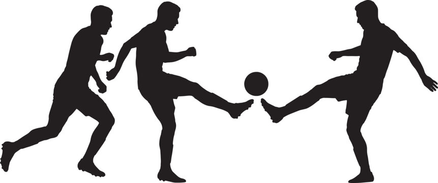 Athletes engaging in a competitive soccer match demonstrate coordinated footwork and offensive play as they move toward the ball in this minimalist silhouette illustration for sports marketing.