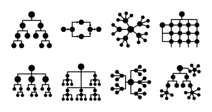 Diverse Network Structures, Data Flow Diagrams, Organizational Charts, Node Connections, Abstract System Designs