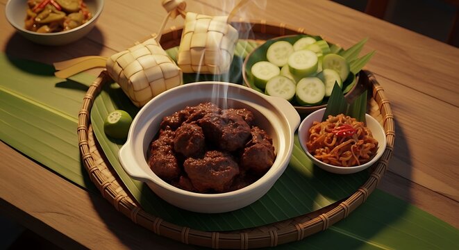 Traditional Southeast Asian Beef Rendang with Ketupat Rice Dumplings
